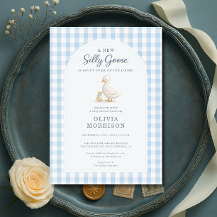 Silly Goose Blue Gingham Baby Shower Invitation
