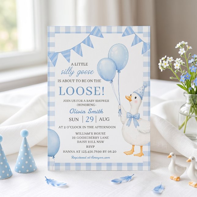 Silly Goose Blue Gingham Baby Shower Invitation (Creator Uploaded)