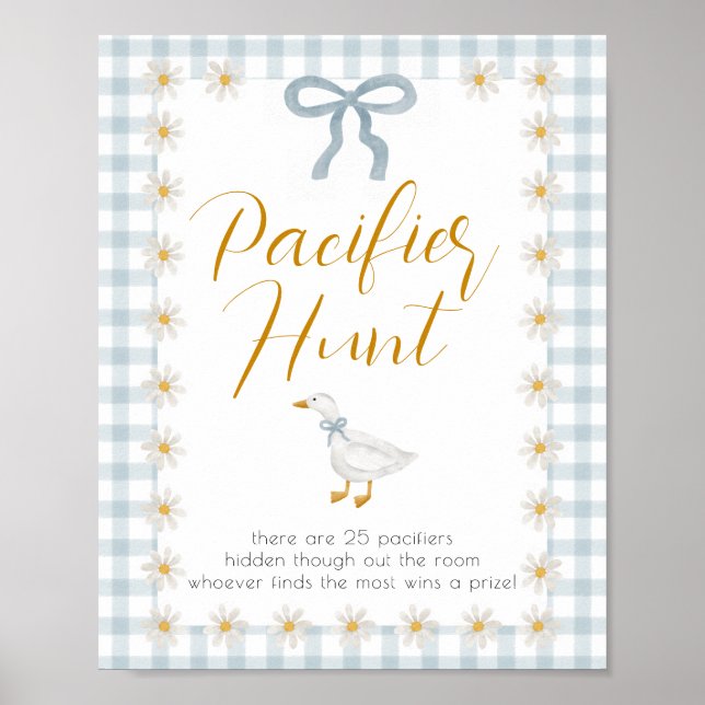 Silly Goose Blue Gingham Baby Shower Pacifier Hunt Poster (Front)