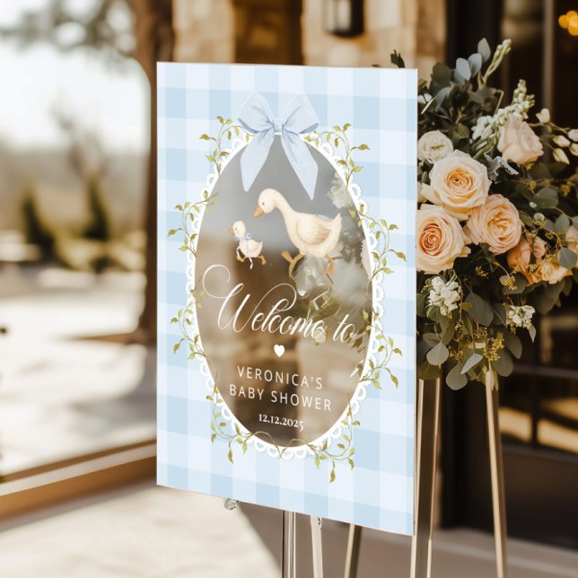 Silly Goose Blue Gingham Baby Shower Welcome Acrylic Sign (Creator Uploaded)