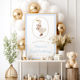 Silly Goose Blue Gingham Birthday Welcome Sign