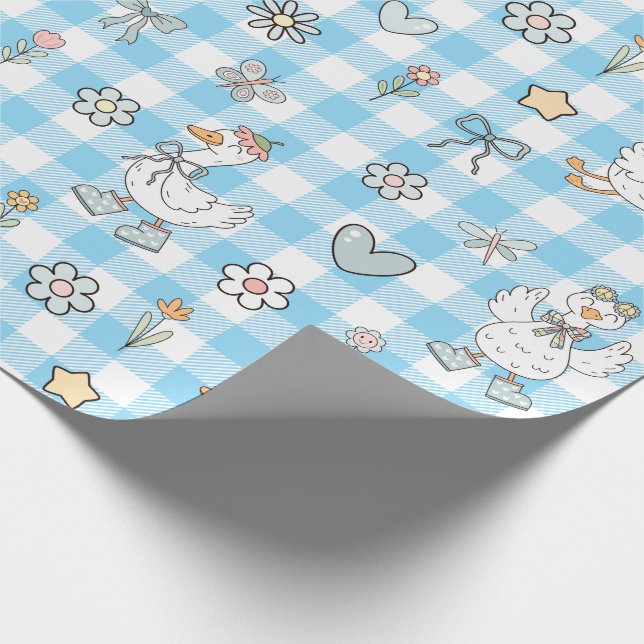 Silly Goose Blue Gingham Birthday Wrapping Paper (Corner)