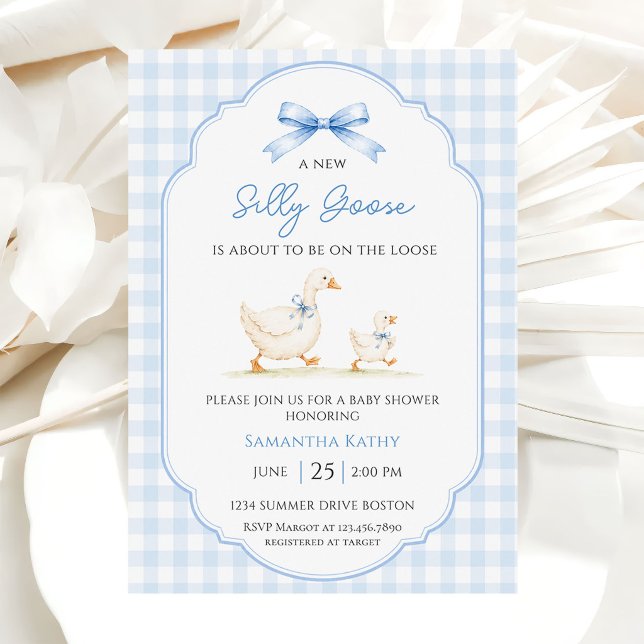 Silly Goose Blue Gingham Bow Duck Boy Baby Shower Invitation (Creator Uploaded)