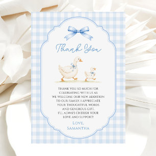 Silly Goose Blue Gingham Bow Duck Boy Baby Shower Thank You Card