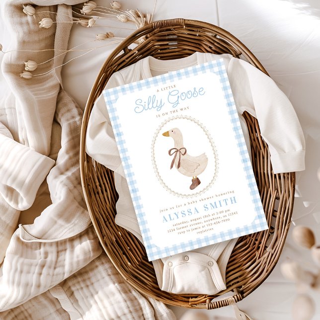 Silly Goose Blue Gingham Boy Baby Shower Invitation (Creator Uploaded)