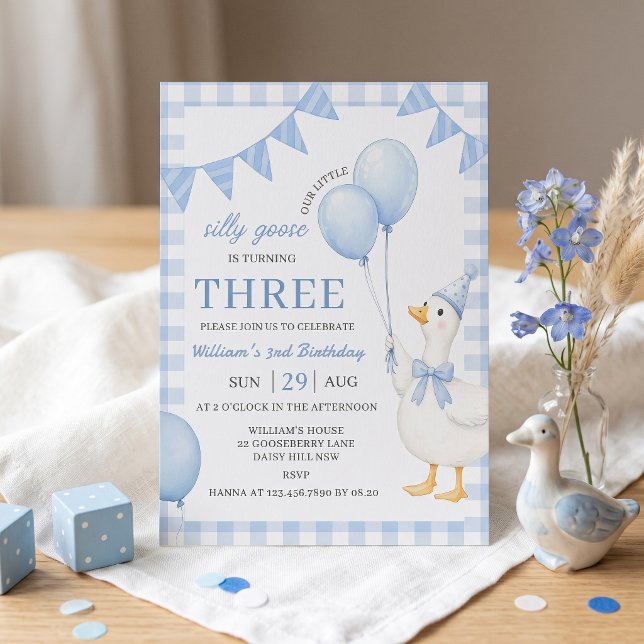 Silly Goose Blue Gingham Boy Birthday Invitation (Creator Uploaded)