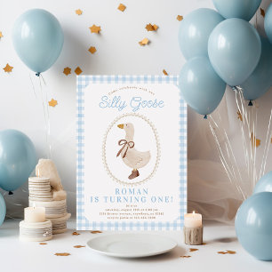 Silly Goose Blue Gingham Boy Birthday Invitation
