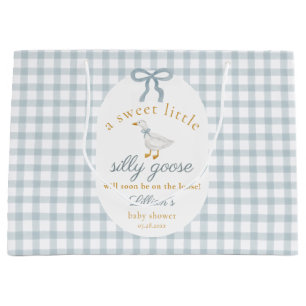 Silly Goose Blue Gingham Cottagecore Baby Shower Large Gift Bag