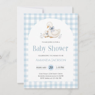 Silly Goose Blue Gingham Duck Baby Shower Invitation