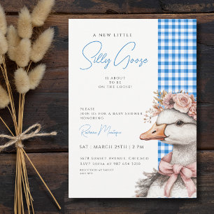 Silly Goose Blue Gingham Flower Bow Baby Shower Invitation