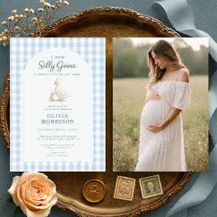 Silly Goose Blue Gingham Photo Baby Shower  Invitation