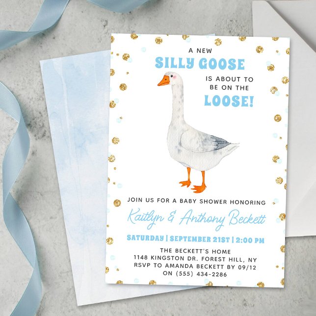 Silly Goose Blue Watercolor Boys Baby Shower Invitation (Creator Uploaded)