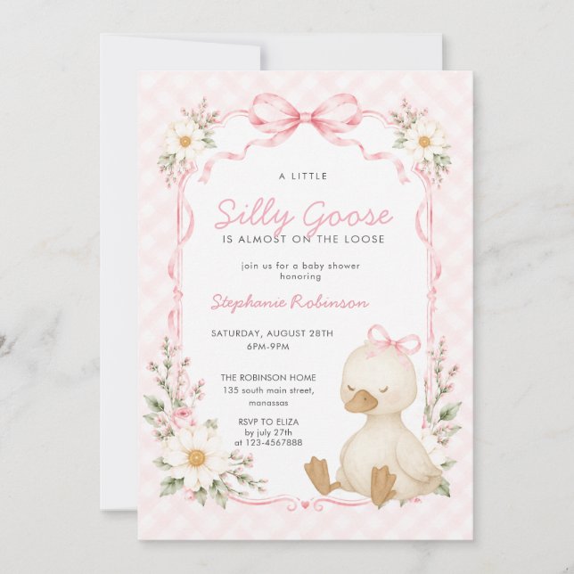 Silly Goose Blush Coquette Bow Gingham Baby Shower Invitation (Front)