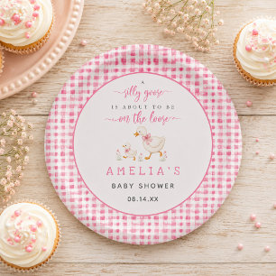 Silly Goose Blush Pink Gingham Baby Girl Shower Paper Plate
