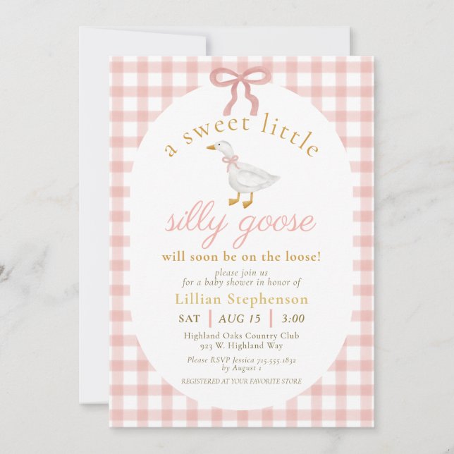 Silly Goose Blush Pink Gingham Baby Shower QR Code Invitation (Front)