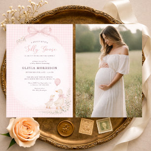 Silly Goose Blush Pink Gingham Photo Baby Shower Invitation