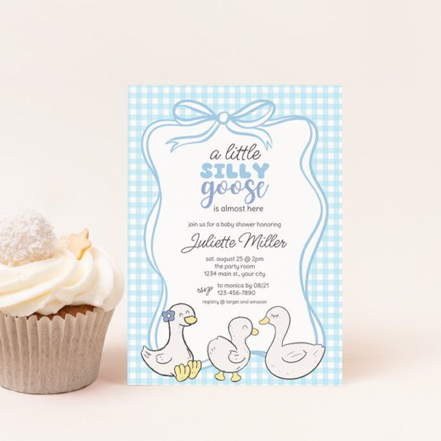 Silly Goose Boys Gingham Baby Shower Invitation (Silly Goose Gingham Boys Baby Shower Invite)