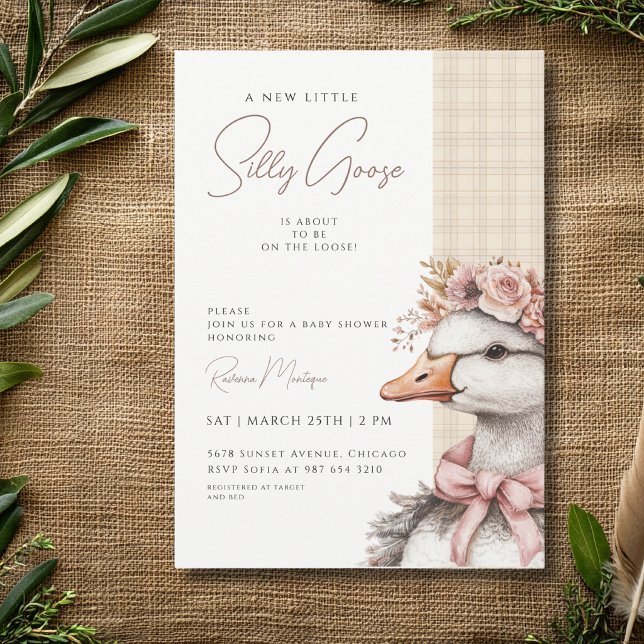 Silly Goose Brown Gingham Flower Bow Baby Shower Invitation (Creator Uploaded)