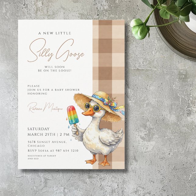 Silly Goose Brown Gingham Hat Ice Baby Shower Invitation (Creator Uploaded)