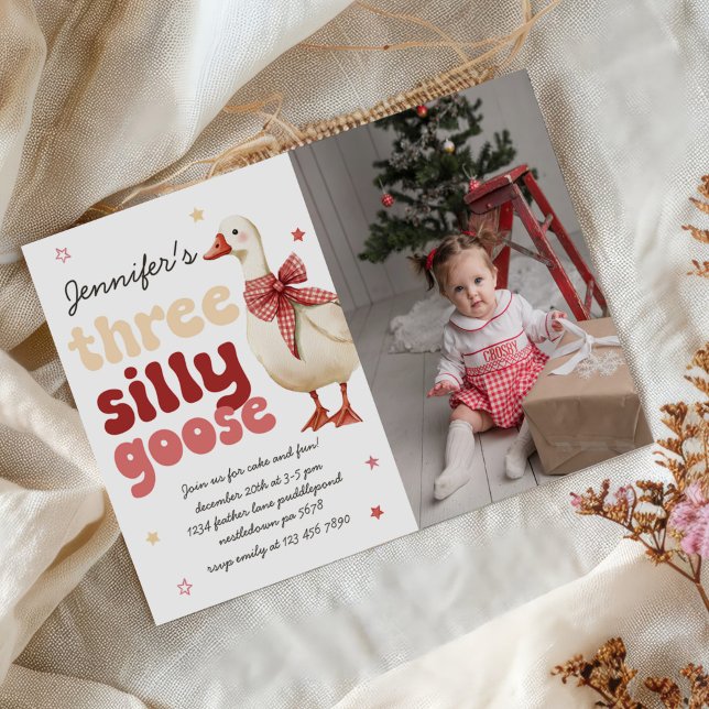 Silly Goose Christmas Bow 3rd Birthday Photo Invitation (Creator Uploaded)