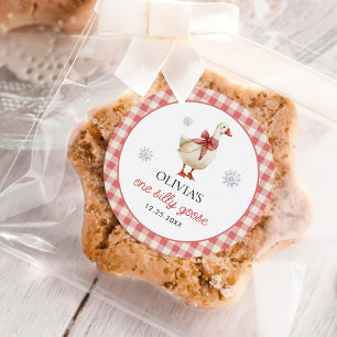 Silly Goose Christmas Gingham 1st Birthday Classic Round Sticker