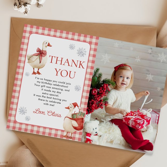 Silly Goose Christmas Gingham 1st Birthday Photo Thank You Card (Creator Uploaded)