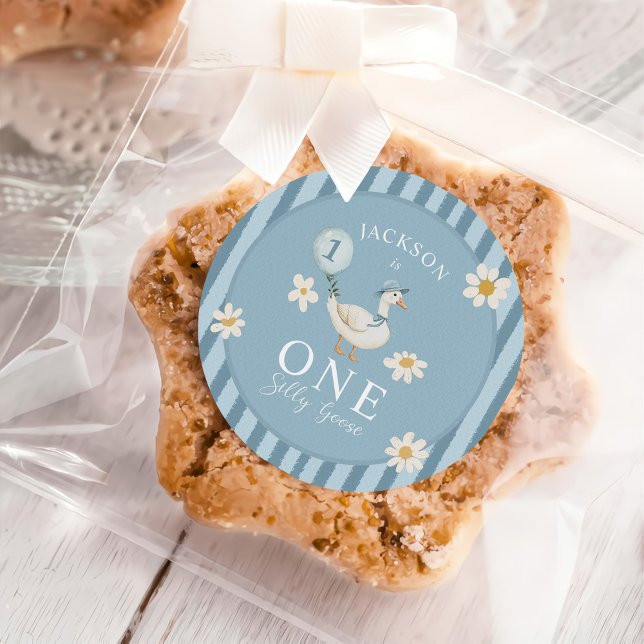 Silly Goose Daisy Boy 1st Birthday Party  Classic Round Sticker (Creator Uploaded)