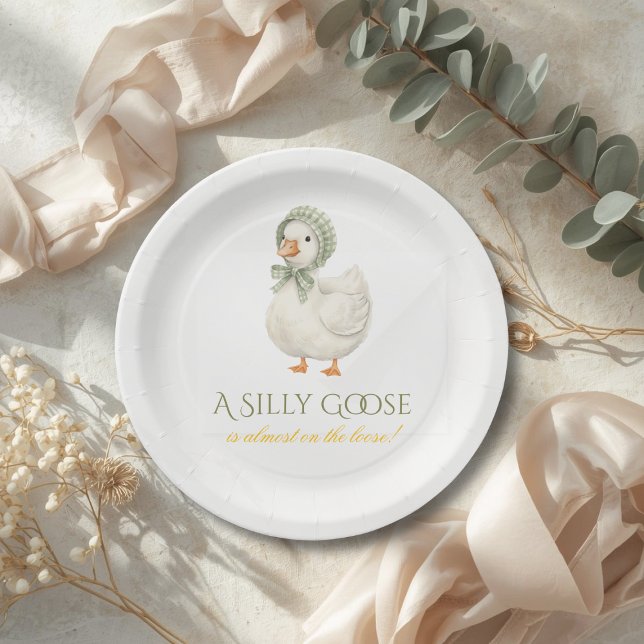 Silly Goose Daisy Sage Green Neutral Baby Shower Paper Plate (Creator Uploaded)