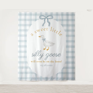 Silly Goose Duck Blue Gingham Baby Shower Backdrop Tapestry