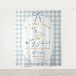 Silly Goose Duck Blue Gingham Baby Shower Backdrop Tapestry
