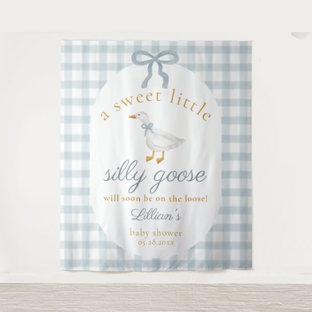 Silly Goose Duck Blue Gingham Baby Shower Backdrop Tapestry (Front)