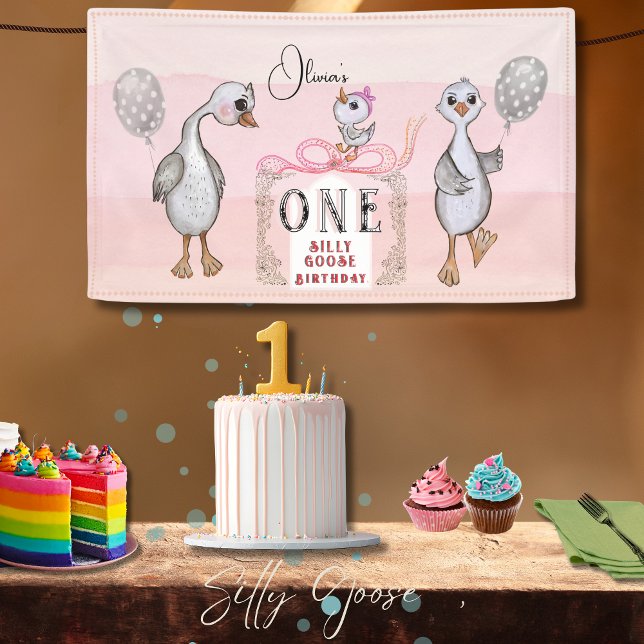 Silly Goose Family Pink & Bow 1st Birthday  Banner (Silly Goose Family Pink & Bow 1st Birthday Banner)