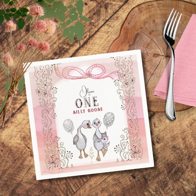 Silly Goose Family Pink & Bow 1st Birthday  Napkin (Silly Goose Family Pink & Bow 1st Birthday Napkins)