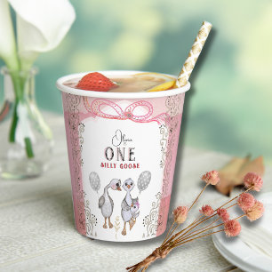 Silly Goose Family Pink & Bow 1st Birthday Paper Cups