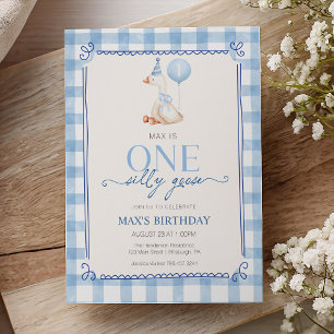 Silly Goose First Birthday Blue Gingham Boy Invitation