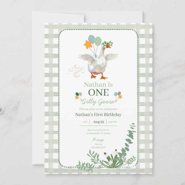 Silly Goose First Birthday Green Invitation  (Front)