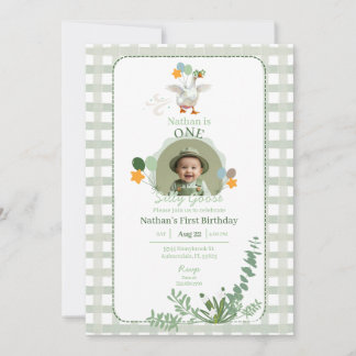 Silly Goose First Birthday Green Photo Invitation 