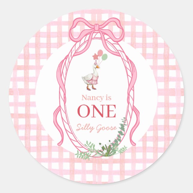 Silly Goose First Birthday Pink  Classic Round Sticker (Front)