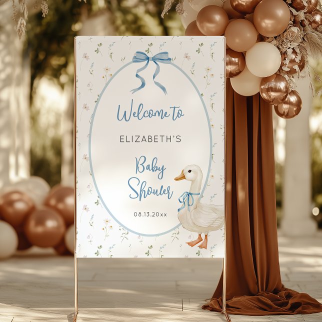 Silly Goose Floral Blue Bow Baby Shower Welcome Banner (Creator Uploaded)