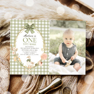 Silly Goose Floral Green Gingham 1st Birthday Invitation