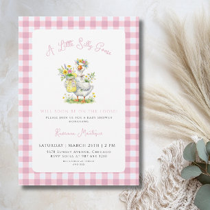 Silly Goose Flower Pink Gingham Plaid Baby Shower Invitation