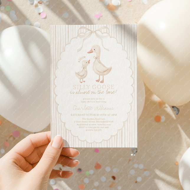 Silly Goose Gender Neutral Beige Baby Shower Invitation (Gender Neutral Baby Shower Invitation with Geese, Beige Stripes and bow)
