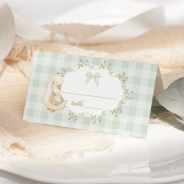 Silly Goose Gender Neutral Sage Gingham Place Card (Creator Uploaded)