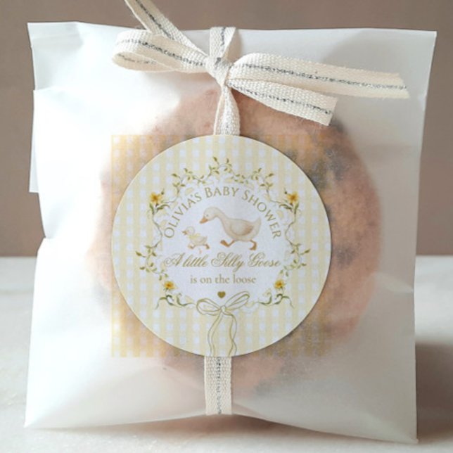 Silly Goose Gender neutral Yellow Baby Shower Classic Round Sticker (Creator Uploaded)