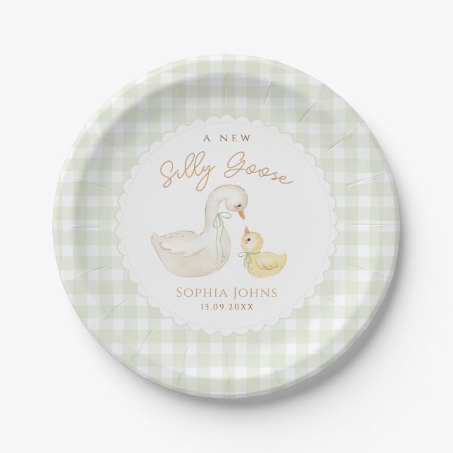 Silly Goose Gingham Duck baby shower  Paper Plate (Front)