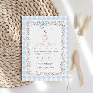 Silly Goose Gingham Duck Gender Neutra Baby Shower Invitation