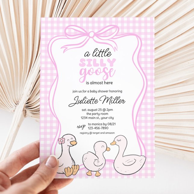 Silly Goose Gingham Girls Baby Shower Invitation (Pink Silly Goose Girls Baby Shower Invite)