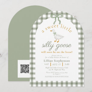 Silly Goose Green Gingham Arch Baby Shower QR Code Invitation