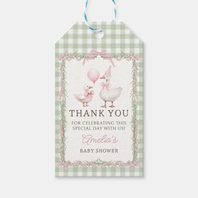 Silly Goose Green Gingham Baby Shower Gift Tag (Front)