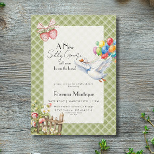 Silly Goose Green Gingham Balloons Baby Shower Invitation